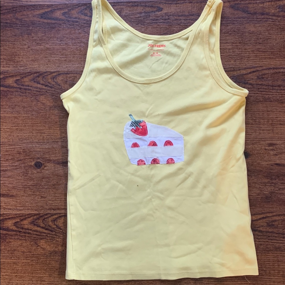 Upcycled Yellow Tank Top With Patchwork Cake Design